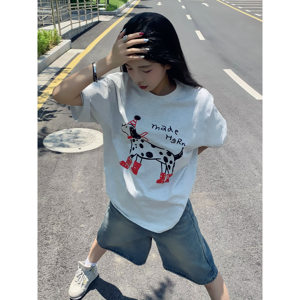 COD (จัดส่งในกรุงเทพฯ) MAO Shop สุนัขลายจุดอเมริกันไลน์ print tee，คอกลมแขนสั้นผ้าcotton เสื้อยืด oversize เท่ๆ #51394