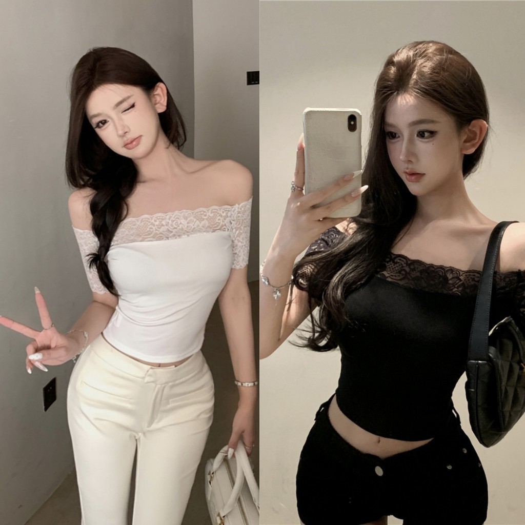 Bella Shop เสื้อผู้หญิงสั้นเซ็กซี่หน้าร้อน เสื้อยืดไหล่เดียวขอบลูกไม้