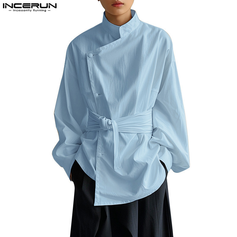 Incerun เสื้อเชิ้ตแขนยาวคอเต่าครึ่งคอเต่าลําลองเกาหลีสําหรับผู้ชาย