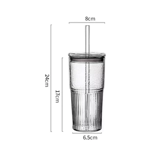 【จัดส่งในกรุงเทพฯ】แก้วน้ำมีฝาปิด 600 มล.แก้วเครื่องดื่มเย็น ถ้วย+ฝาแก้ว+หลอด ลายทางแนวตั้ง เรียบง่าย ชงเครื่องดื่ม