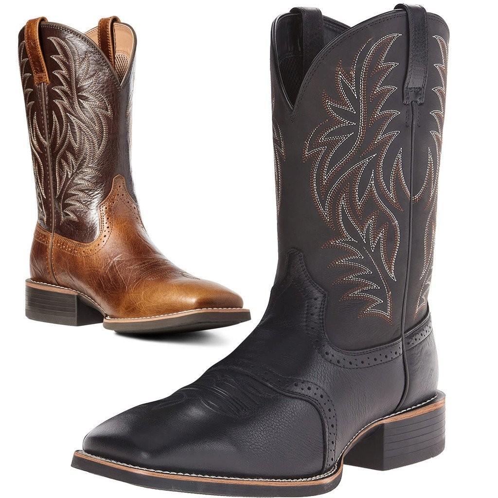Western คาวบอยรองเท้าสีดำสีน้ำตาล Faux หนังฤดูหนาวรองเท้า Retro Men รองเท้าปักผู้ชายกลางลูกวัวรองเท้า PLUS ขนาด48 botas 2f3o