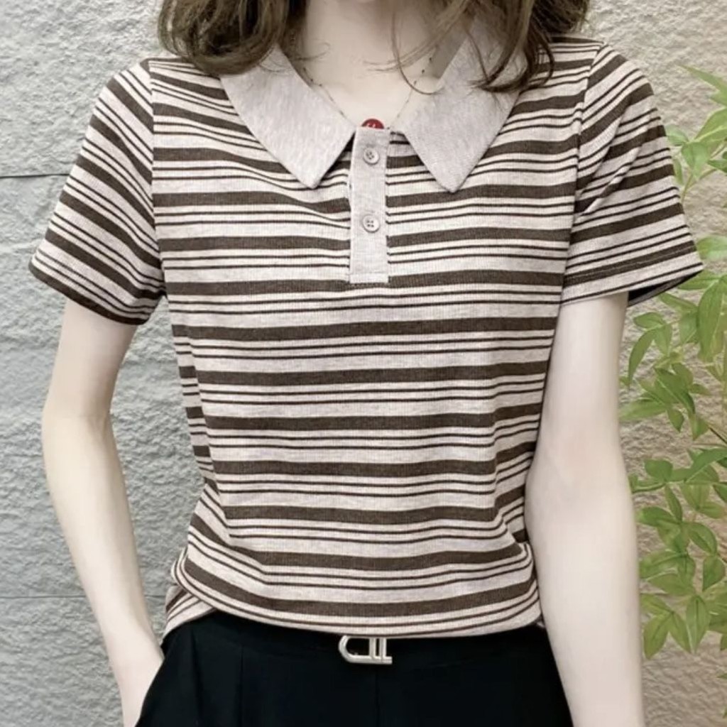 สุภาพสตรีฤดูร้อนใหม่แฟชั่นและหลากหลายสลิมมิ่งโปโลคอปกเสื้อยืดลายด้านบน