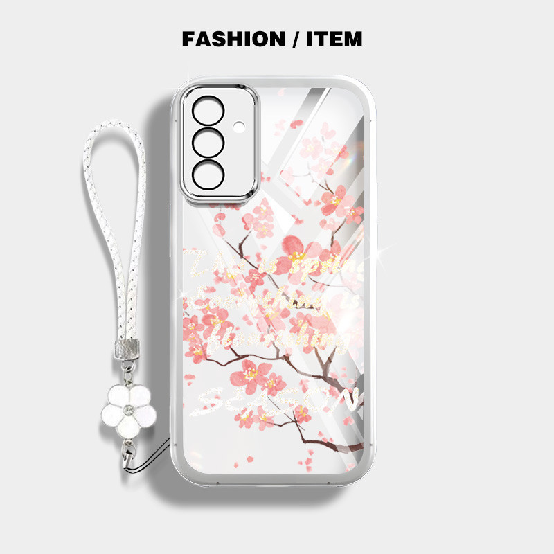 SAMSUNG รูปแบบดอกพีชกันกระแทกเคสโทรศัพท์สําหรับsamsung Galaxy A55 A35 A25 A54 A34 A16 5G A15 A14 A13 4G 5G A24 A04S 4Gปลอกโปร่งใสฝาครอบป้องกันด้วยเชือกแขวนดอกไม้