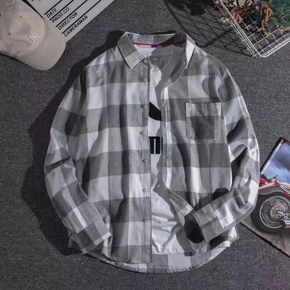 เสื้อเชิ้ตผู้ชายแขนยาวชุดฤดูใบไม้ร่วงสไตล์ฮ่องกงด้านบนนักเรียนใหม่ลายสก๊อตเวอร์ชั่นเกาหลีอินเทรนด์เสื้อหลวมแจ็คเก็ต