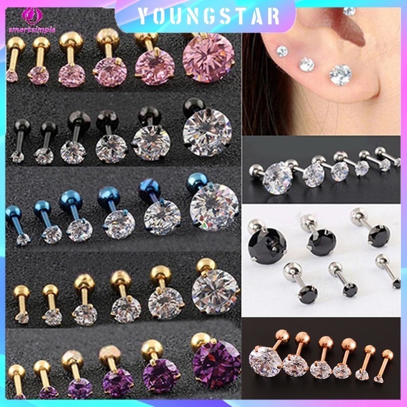 แฟชั่น CZ 3 Prong Tragus กระดูกอ่อนสแตนเลสหูคริสตัลเพทายต่างหูเจาะเครื่องประดับเหล็กสีดํา