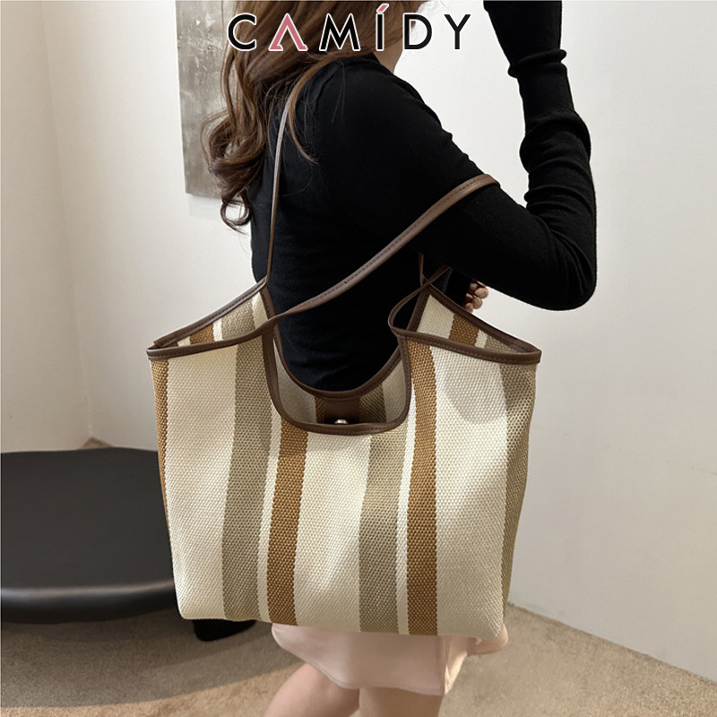 Camidy กระเป๋าโท้ตผ้าทอไหล่เดียวมีสไตล์พร้อมกระเป๋าถือวินเทจความจุขนาดใหญ่