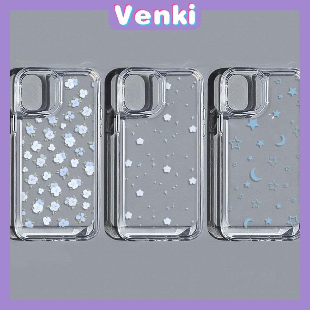 Venki -สำหรับ iPhone 15 Pro Max เคสใส TPU ปุ่มชุบไฟฟ้าอ่อนป้องกันกล้องกันกระแทก ดอกไม้สีฟ้าน่ารัก เข้ากันได้กับ iPhone 14 13 12 11 XS XR 7Plus 8 Plus