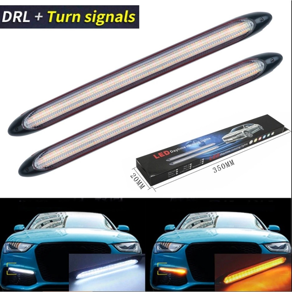 2ชิ้น LED ไฟทำงานกลางวันแถบกันน้ำชิ้นส่วนภายนอกไฟหน้าอัตโนมัติเลี้ยวสีเหลืองไฟวิ่งกลางวัน12โวลต์