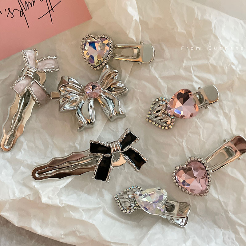 Ins สไตล์ Rhinestone Bow Hairpin โลหะเงินด้านข้าง Bangs คลิปสาวหวาน Duckbill คลิป Headdress