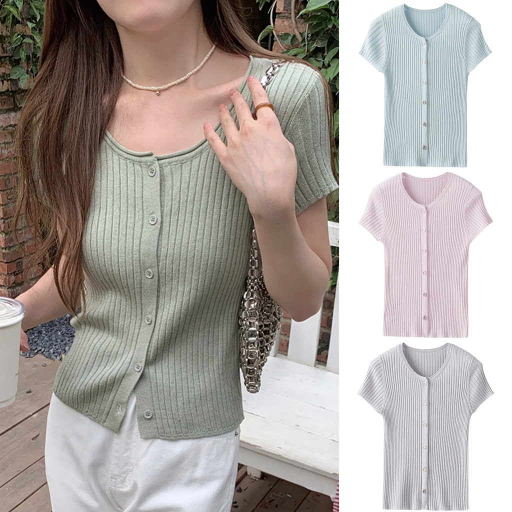 Suysuy พร้อมส่ง เสื้อยืด ไหมพรม แขนสั้น คอกลม งานผ้าร่อง กระดุมกลาง สีพาสเทล น่ารักๆ ทรงสวย เรียบง่าย แฟชั่นสไตล์เกาหลี