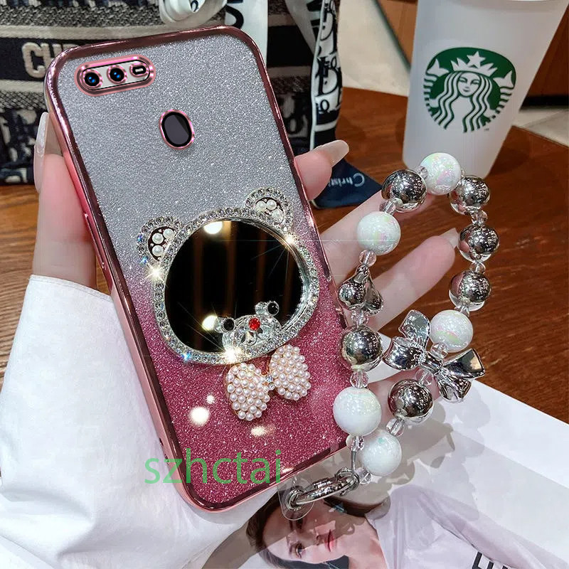 เคสโทรศัพท์ OPPO A5S A12 A7 F9 กระจกแต่งหน้าหูหมีมงกุฎหรูหราพร้อมเชือกเส้นเล็ก เคส OPPO A5S A12 A7 F9