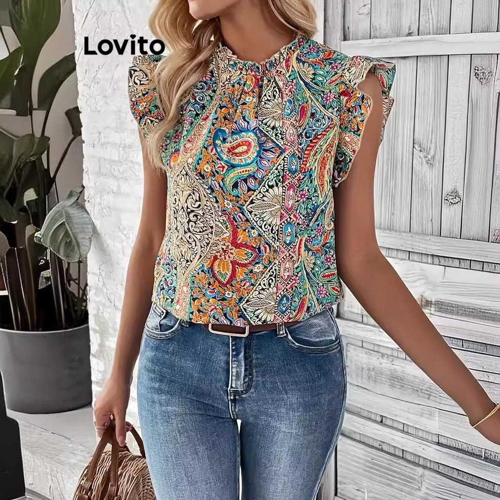 Lovito เสื้อแขนกุดผู้หญิง แต่งระบาย ลายเพสลีย์ สไตล์โบโฮ LNL64248