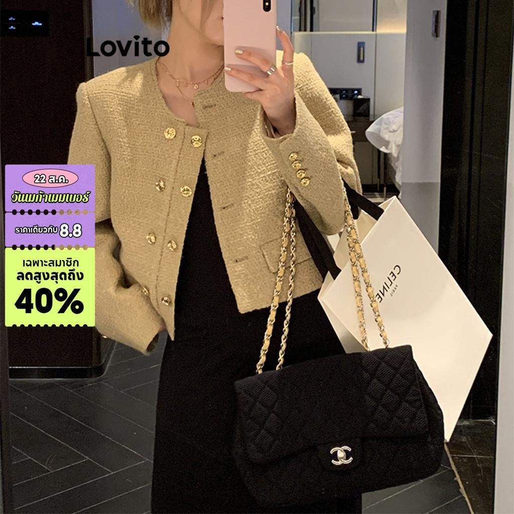 Lovito เสื้อแจ็กเก็ตผู้หญิง กระดุมคู่ แต่งกระเป๋าปลอม สีพื้น สไตล์ลำลอง LNE40167