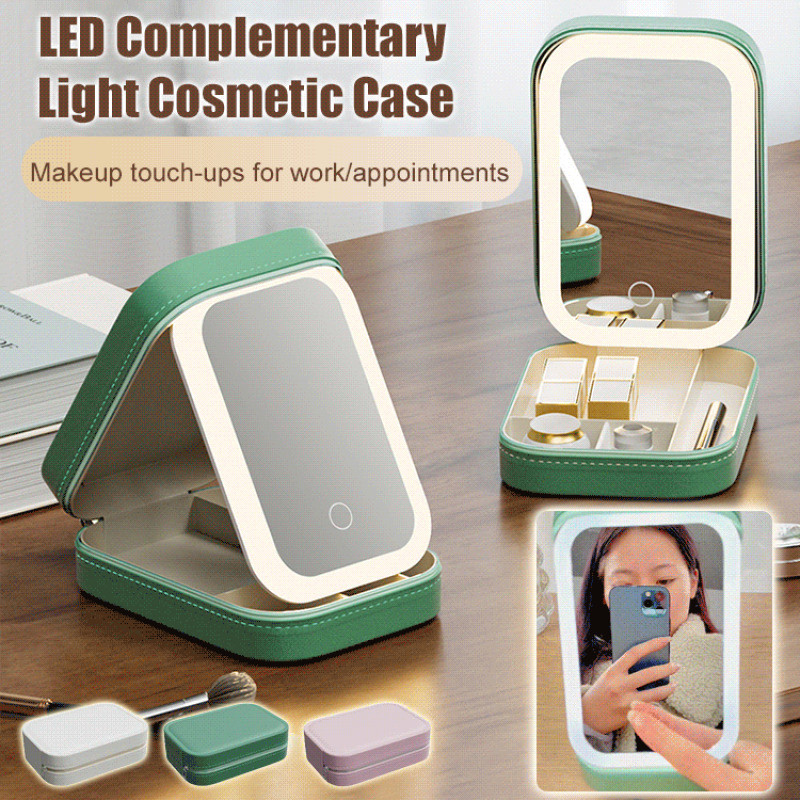 กระจกแต่งหน้า กระจกตั้งโต๊ะ ไฟ LED 3 สีพร้อมถาด กระเป๋าเครื่องสำอางมีกระจก ง่ายต่อการพกพา