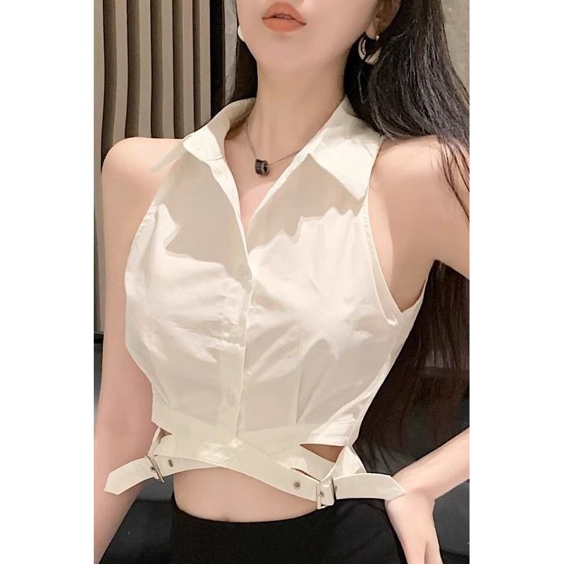 เสื้อโปโลออกแบบเสื้อฤดูร้อนเก๋เข้ารูปผู้หญิงไม่สม่ำเสมอเสื้อคอสาวฮอตเสื้อแขนกุดสั้นอารมณ์ bgs0
