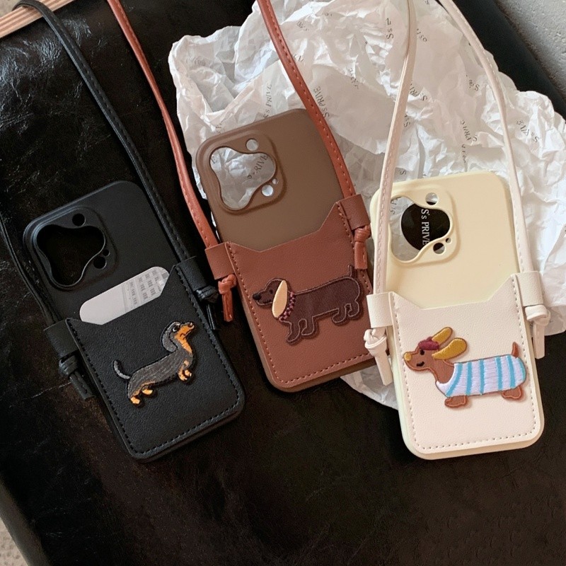 ยาวแขวนเชือกปักสุนัขกระเป๋าบัตรเคสนิ่มสําหรับiphone 13 14 15 13Pro 14Pro 15Pro 13Promax 14Promax 15Promaxสีทึบป้องกันการตกปลอกสําหรับiPhoneกรณี