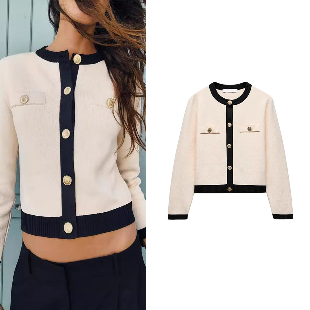 ซาโอลิน ฤดูใบไม้ร่วงใหม่เสื้อผ้าสตรีตัดกันเสื้อกันหนาวคาร์ดิแกนแขนยาวคอลูกเรือถัก 1822106