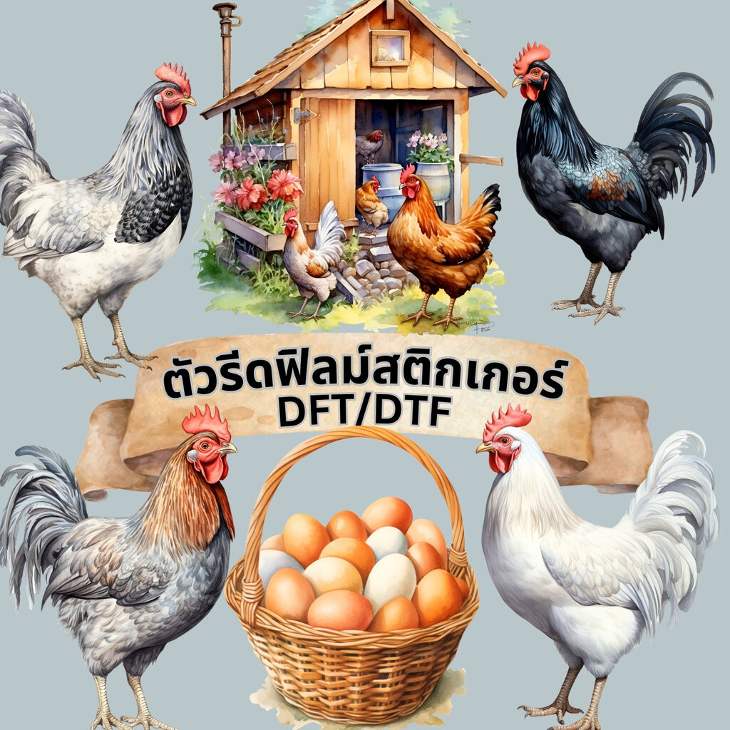 ตัวรีดติดเสื้อ ฟาร์ม ไก่ ฟิลม์รีดร้อน พิมพ์ลาย สติกเกอร์รีดติดเสื้อ สกรีนลาย ฟิลม์ DFT DTF