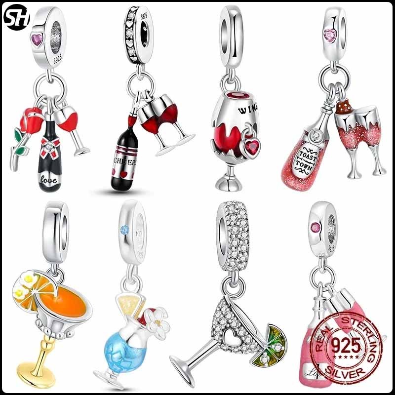 S925 เงินสเตอร์ลิงขวดไวน์แดง Donuts เครื่องดื่มถ้วยจี้ charms ลูกปัด Fit charms ลูกปัดสร้อยข้อมือเดิม Fine DIY เครื่องประดับ