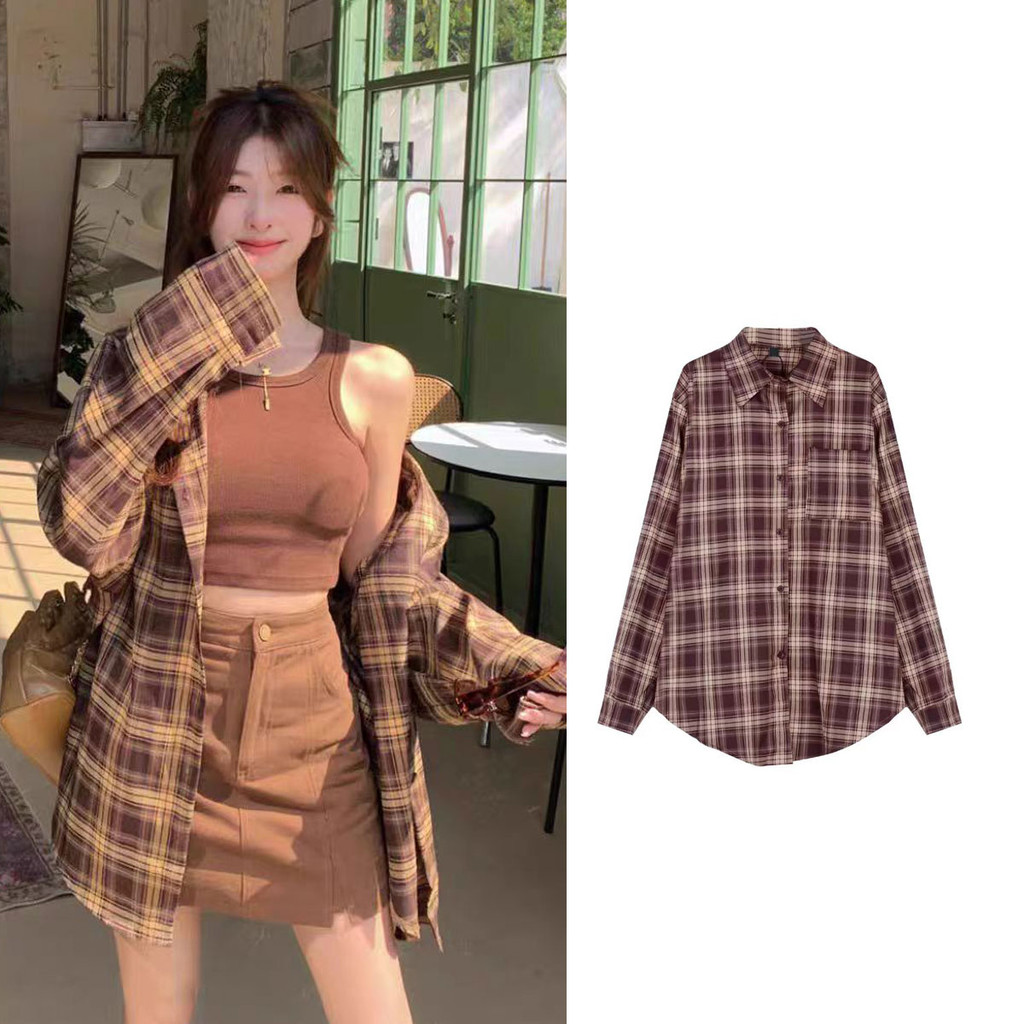 Dahong ⭐W457 เสื้อเชิ้ตแขนยาวลายสก๊อตย้อนยุคสำหรับผู้หญิง เสื้อคอปก กระดุมกลาง แจ็คเก็ตป้องกันแสงแดดหลวมสไตล์ขี้เกียจ