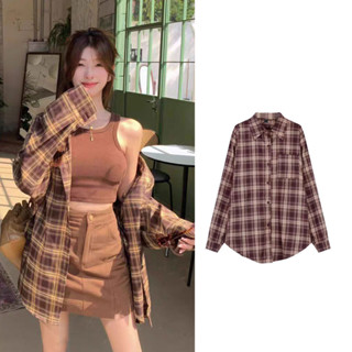 Dahong ⭐W457 เสื้อเชิ้ตแขนยาวลายสก๊อตย้อนยุคสำหรับผู้หญิง เส…