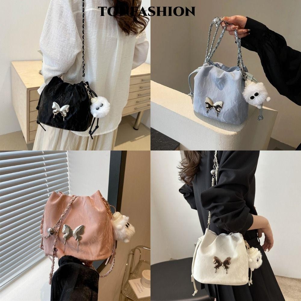 Tonfashion กระเป๋าทรงถังผีเสื้อ,ความจุขนาดใหญ่ Elf Rex Rabbit Hair Chain กระเป๋าสะพายข้าง, จี้ระดับไฮเอนด์ PU หนังผู้หญิงกระเป๋าสะพายไหล่