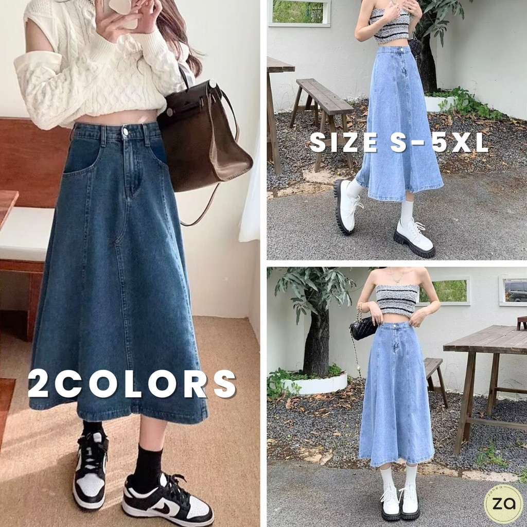 HOT SALE กระโปรงยีนส์ทรงยาว ทรงบาน 2 สี แต่งตะเข็บหน้า หลังสม็อคยืด