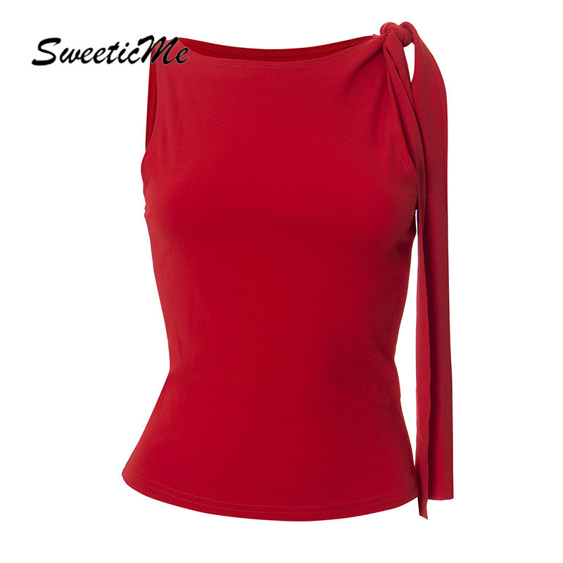 Sweeticme ผู้หญิง 2024 ใหม่แฟชั่นสีทึบรอบคอ Lacing เซ็กซี่ไม่สม่ําเสมอ Tank Tops Camisole