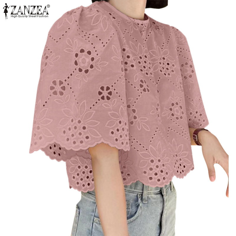 ZANZEA ใส่ ซานเซีย ผู้หญิงเกาหลีลําลองปักพัฟแขนลูกเรือคอกลวงเสื้อหลวม