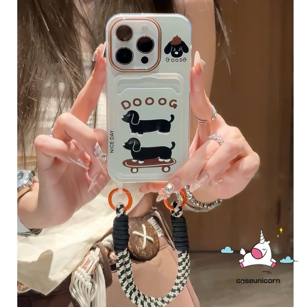 สัตว์เลี้ยงสุนัข Doodle แท็กน่ารัก Retro Puppy สําหรับ IPhone 13 15 12 14 11 Pro Max 7Plus XR 6 15 6s 7 8 Plus XS Max X SE กระเป๋าสตางค์หรูหราช่องใส่การ์ด Graffiti Lanyard กรณี