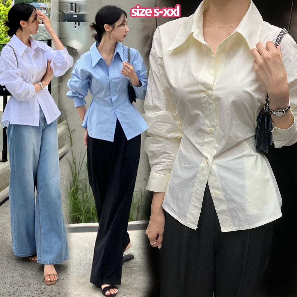MIMI&DIDI#เสื้อเชิ้ตผู้หญิง เสื้อแขนยาวแฟชั่นเกาหลี เรียบหรู ลำลอง ดีไซน์ช่วงเอวแบบผูกเข้ารูป ช่วงคอเก๋มาก#W459
