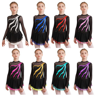 Yrt - เด็กผู้หญิงตาข่ายแขนยาวรูปสเก็ตชุด Rhinestone Decor Le…