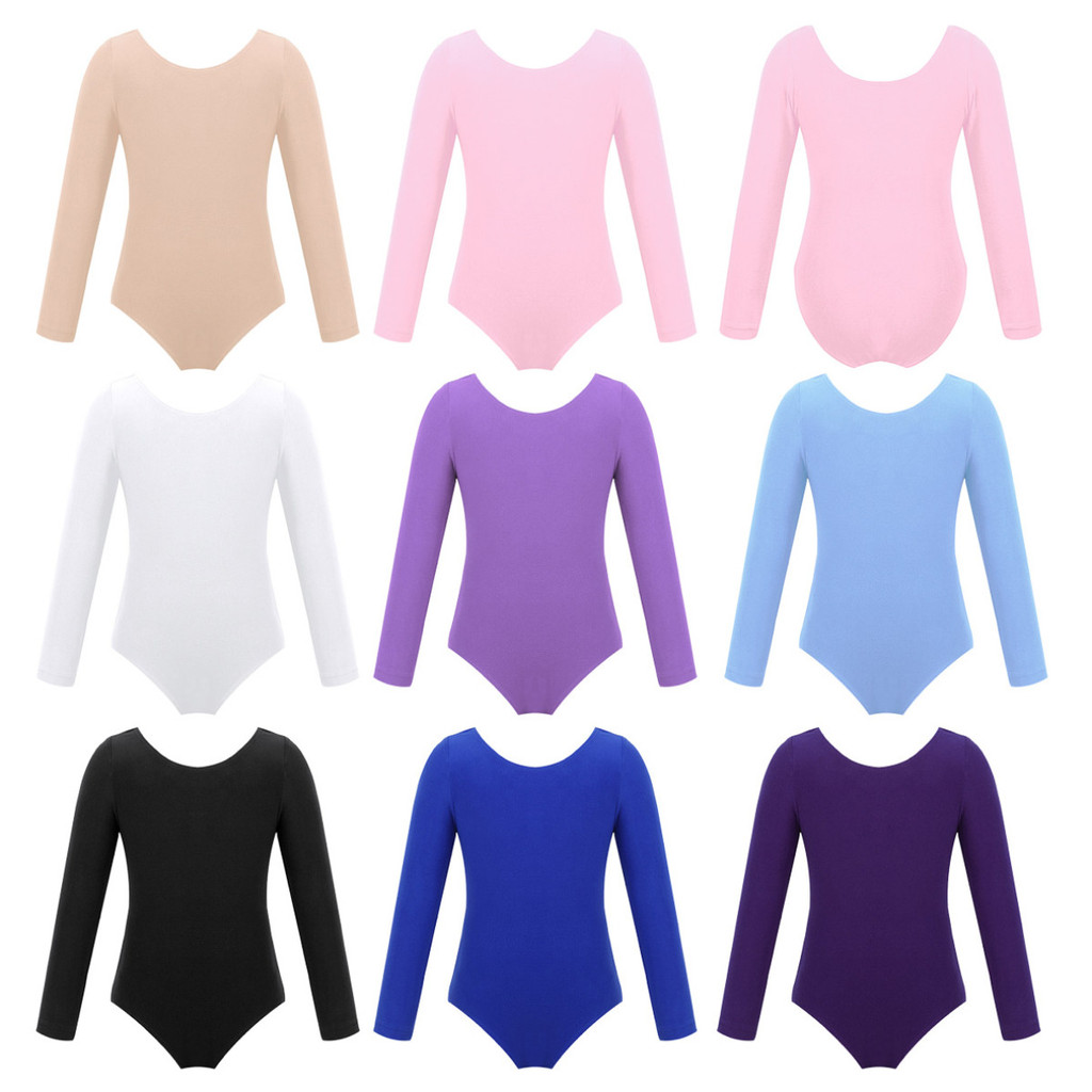 เด็กสาวแขนยาว Leotards บอดี้สูทบัลเล่ต์ Ballerina Dancer Basic ชุดสีทึบ