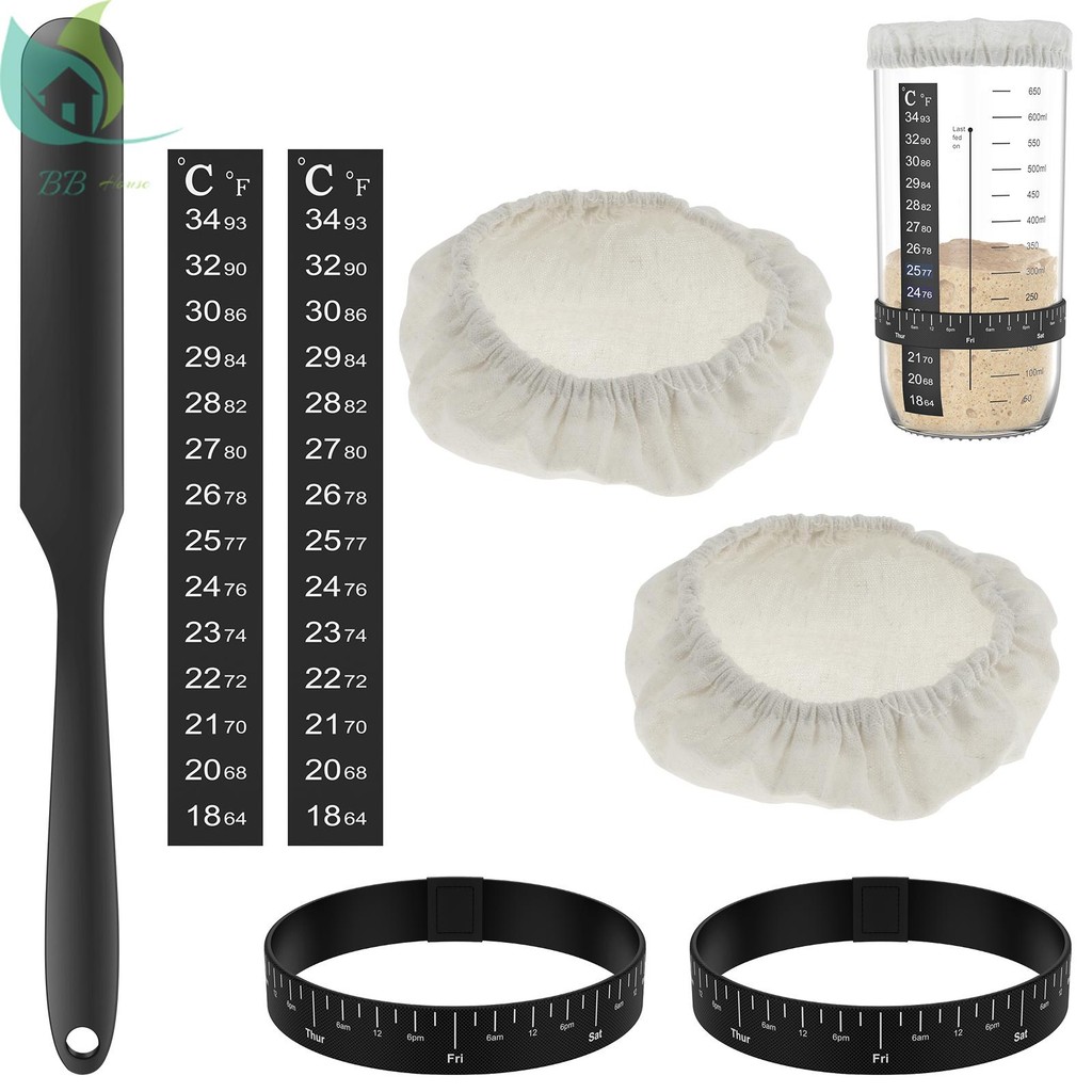 7 ชิ้น Sourdough Starter Kit Sourdough Starter อุปกรณ์เสริมผ้าครอบคลุมอุณหภูมิและวันที่ Marked Feedi