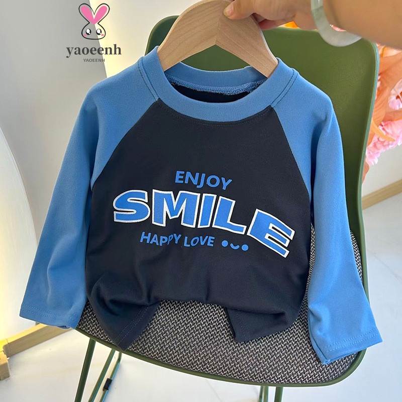 【YAOEENH】80-150เซนติเมตรฤดูใบไม้ผลิฤดูใบไม้ร่วงเด็กจดหมายสีคมชัดแขนยาวเสื้อยืดขนาดเล็กกลาง-เล็กชายหญิงแฟชั่นการ์ตูนเสื้อสวมหัว จุดต่ําสุด เสื้อพร้อมสต