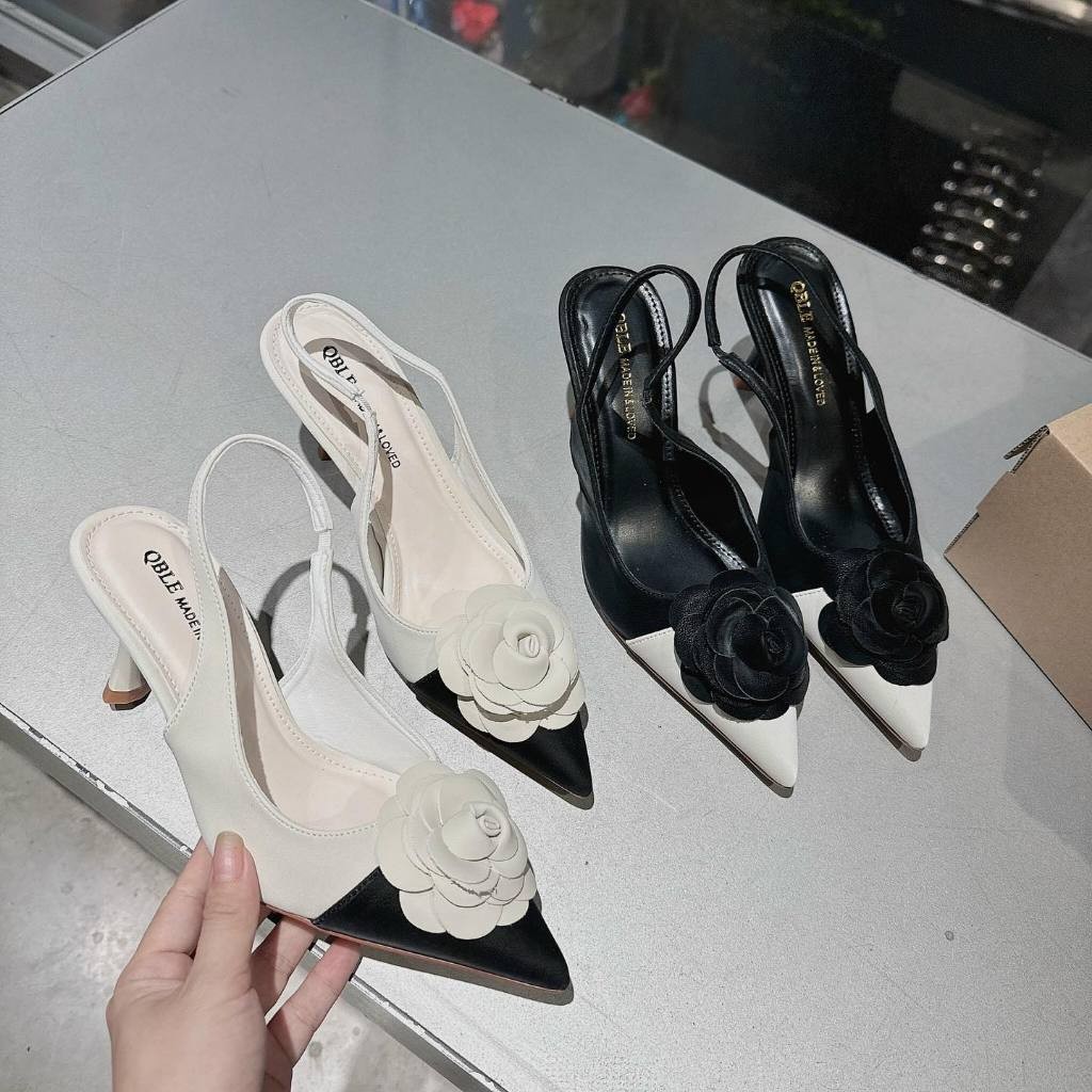 Super LUXURY CREAM BLACK FLOWER BOW HIGH HEELS - D72