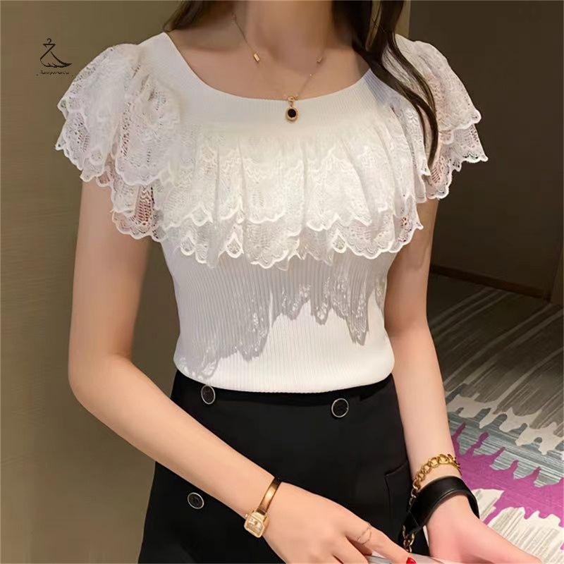 [HSSL] Gauze Patchwork แขนสั้น Slash คอปิดไหล่เซ็กซี่ Causal เสื้อยืดฤดูร้อนบาง MCL7717