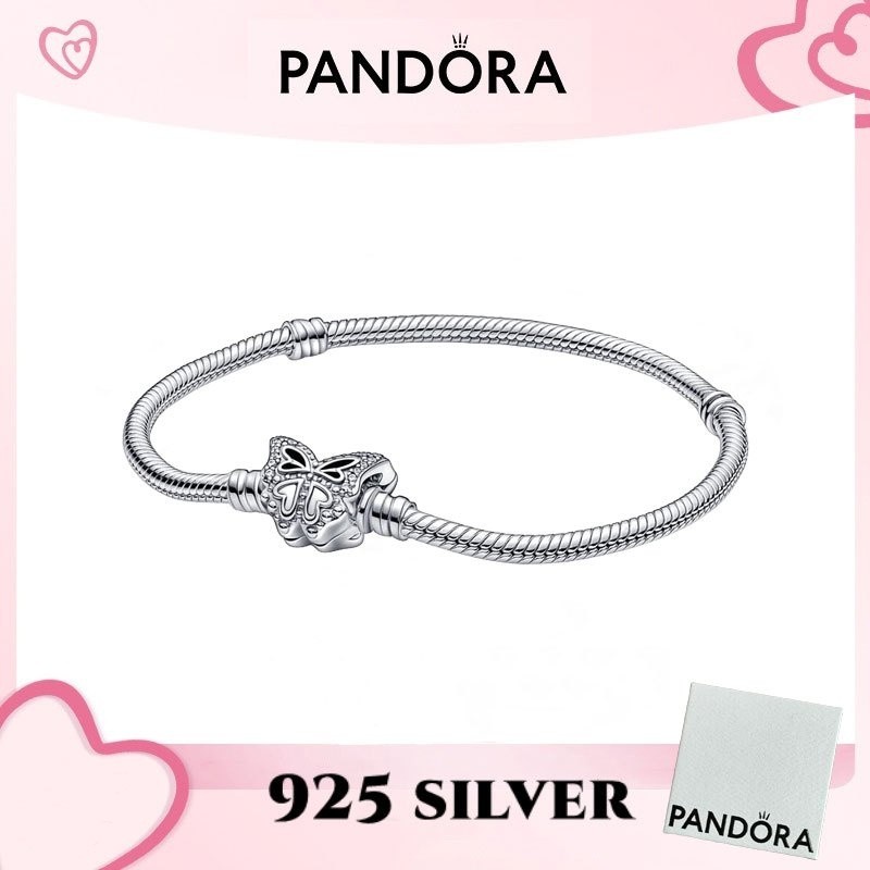 สร้อยข้อมือและจี้เงินสเตอร์ลิงแท้ 100% จาก PANDORA สร้อยข้อมือโซ่งูแบบปิดผีเสื้อจาก Pandora Moments