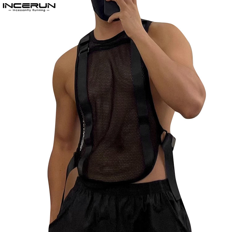 Incerun ผู้ชายเกาหลีลําลองตาข่ายรูปแบบ Hollow Snap ปรับเสื้อแขนกุด