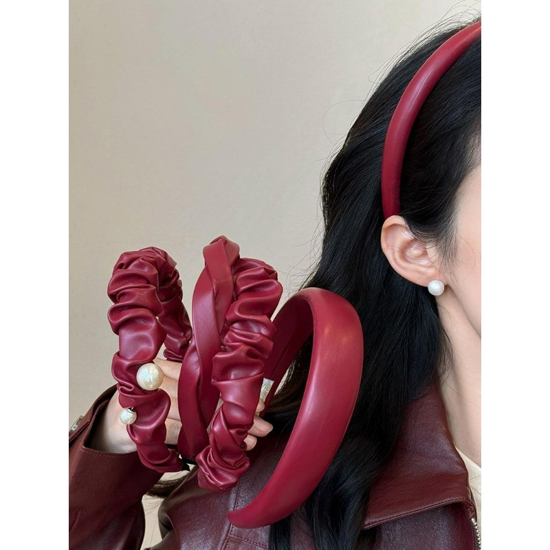 Ancora สีแดงตรุษจีนหนัง PU Pearl Hair Hoop Headwear Hairbands เครื่องประดับผม