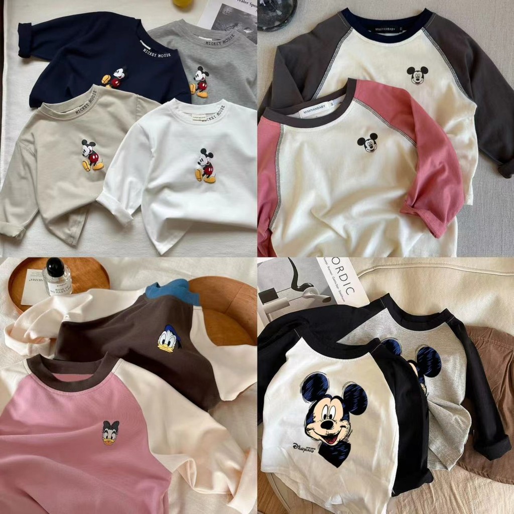 เสื้อผ้าเด็กผ้าฝ้ายแท้ฤดูใบไม้ผลิและฤดูใบไม้ร่วงใหม่ชายและหญิงแขนยาวเสื้อยืด จุดต่ําสุด เสื้อสไตล์ต่างประเทศขนาดกลางและเด็กหลวมด้านบน