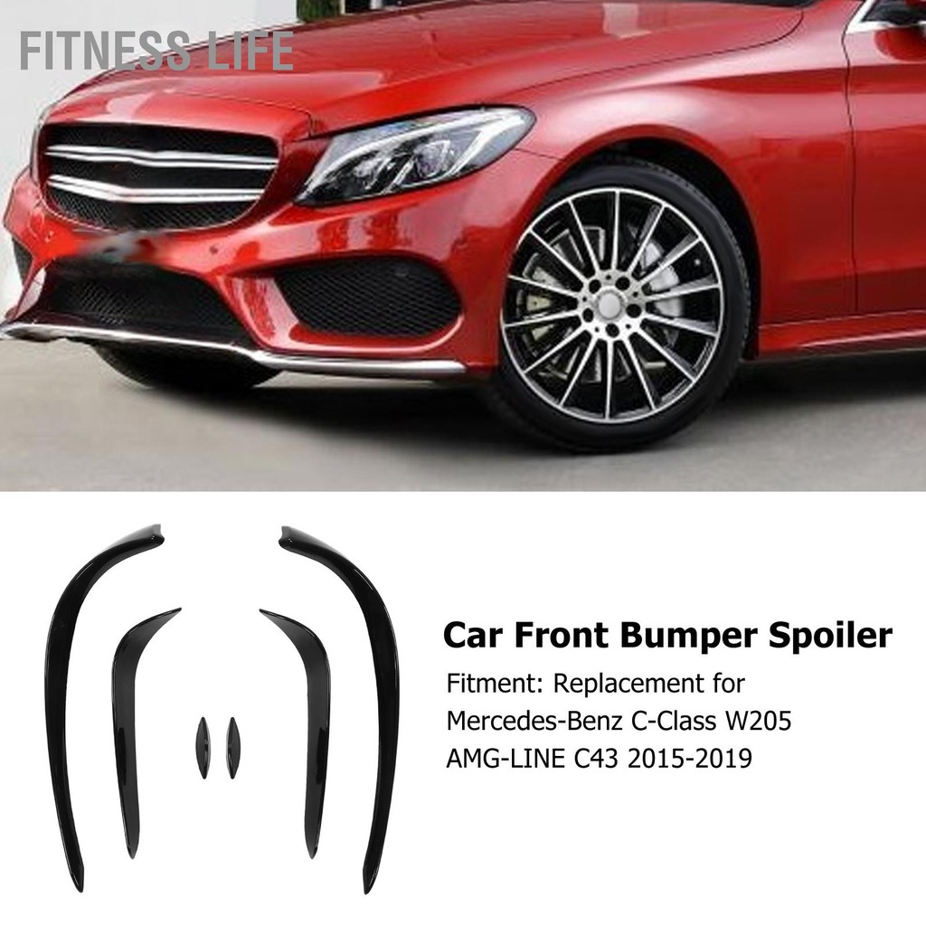 Fitness Life 6 ชิ้นรถกันชนหน้าสปอยเลอร์ชุดเคลือบเงาสีดำสำหรับMercedes-Benz C-Class W205 AMG-LINE C43