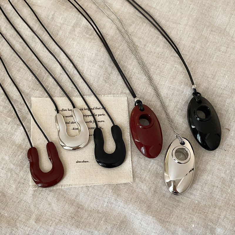 Sunflower U-Shaped Water Drop Metal Pendant Black String Necklace