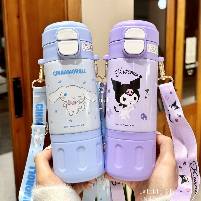 Sanrio Kuromi Cinnamoroll ขวดน้ําถ้วยดื่มคู่กระติกน้ําร้อนถ้วยน้ํา สายรัดพกพาไปโรงเรียนป้องกันการรั่ว 480ml กาต้มน้ําความจุขนาดใหญ่