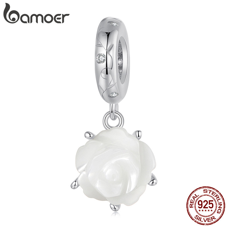 Bamoer 925 Sterling Sliver Charm Pink White Rose Pendant Accessories Series สําหรับสร้อยข้อมือ