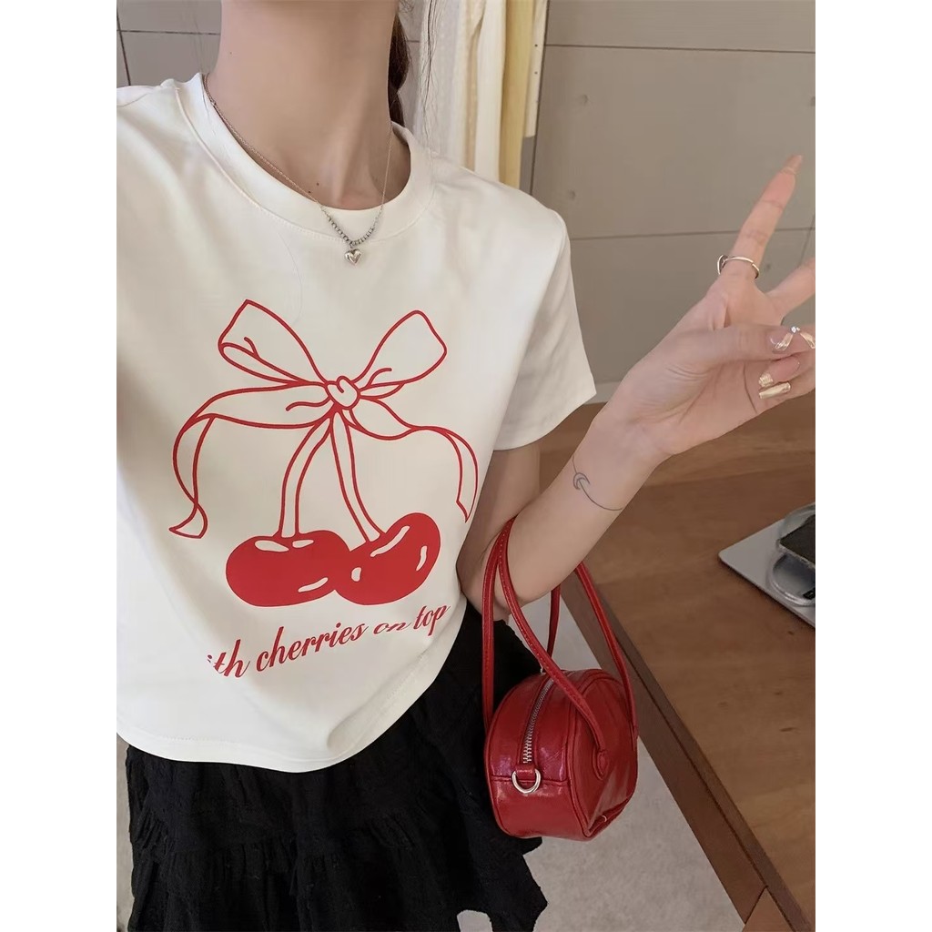 COD（จัดส่งภายใน 24 ชั่วโมง）เสื้อครอป cotton t shirt เชอร์รี่ 🍒 สีขาว/สีดํา แฟชั่น เสื้อเชิ้ตผู้หญิง