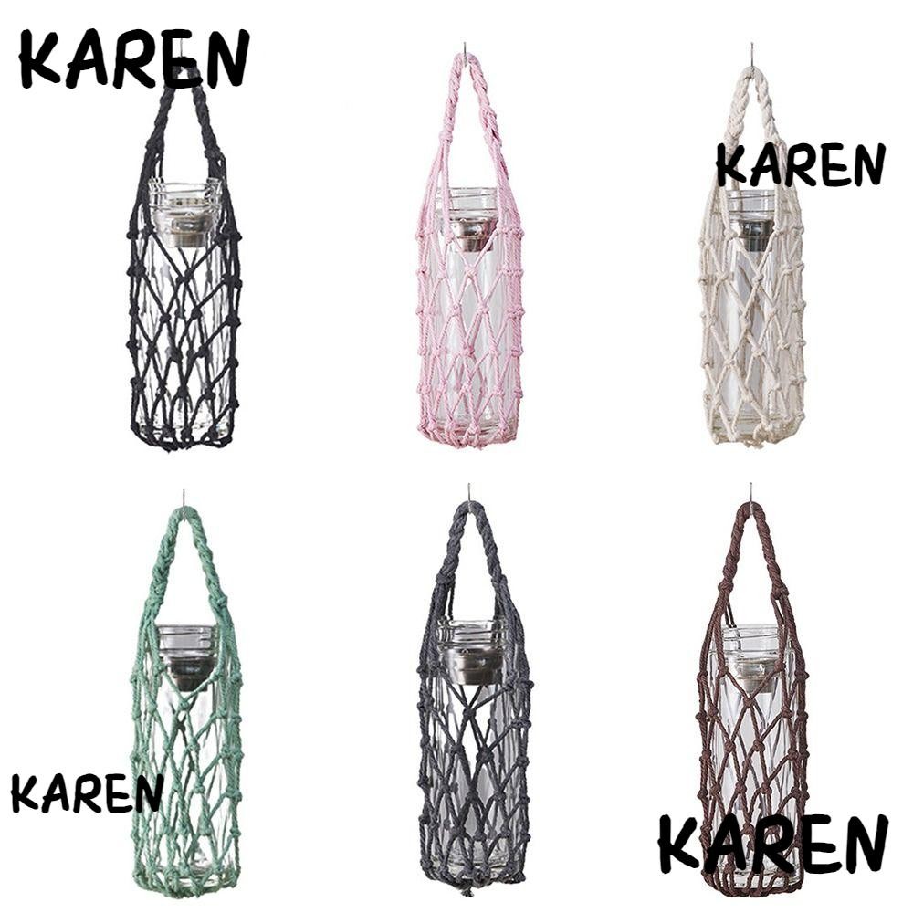 Karen ถุงตาข่ายถ้วยน้ํา, สามารถระงับขวดน้ําด้วยตนเอง, แบบพกพาทอมือเชือกฝ้ายสานถ้วยแขนสําหรับกีฬาอุปกรณ์ตั้งแคมป์