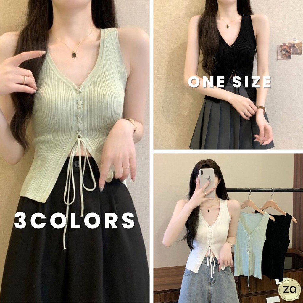 HOT SALE เสื้อไหมพรมบาง แขนกุด คอวี 4 สี ชายผ่าหน้า อกแต่งผูกร้อยเชือก
