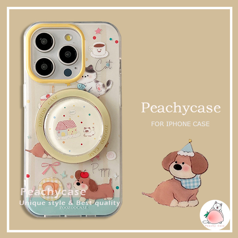 เค้กน่ารัก Apple Dachshund Puppy Cat Magnetic Holder ไร้สายชาร์จเคสโทรศัพท์สําหรับ iPhone 16 15 14 13 12 Pro Max Anti-scratch IMD ปลอกปกหลัง