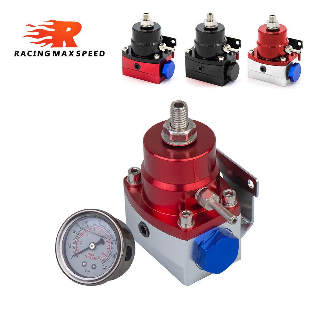 35-75psi ตัวควบคุมเชื้อเพลิงปรับรถแข่งอลูมิเนียมสากลตัวควบคุมแรงดันเชื้อเพลิงพร้อมมาตรวัด 0-160PSI